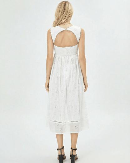 Aurelia Midi Dress by Lauven, showcasing an elegant white lace square neck and open back design.