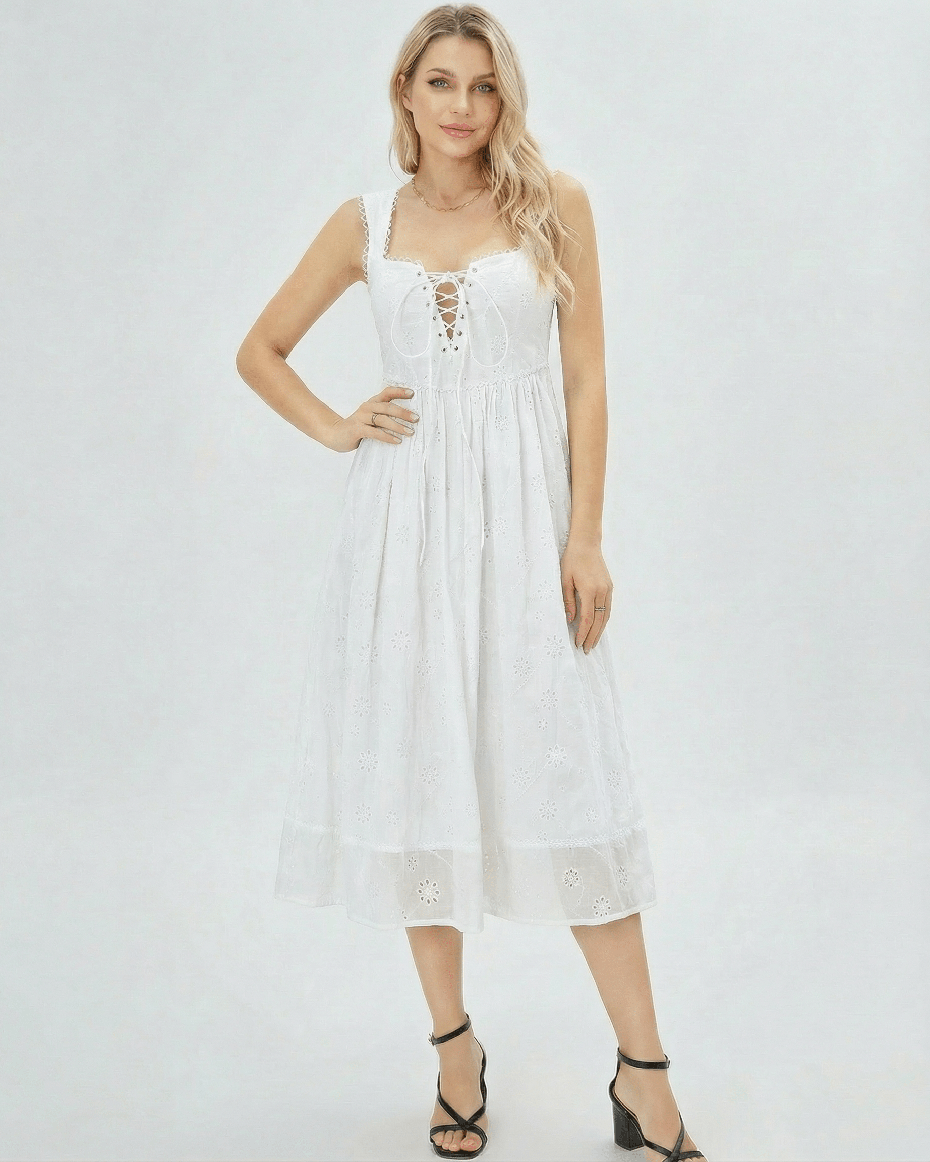 Aurelia Midi Dress by Lauven - White lace square neck midi dress with open back and flattering silhouette.