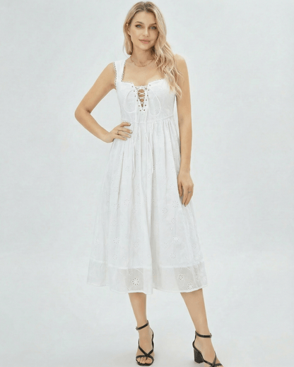 Aurelia Midi Dress by Lauven - White lace square neck midi dress with open back and flattering silhouette.