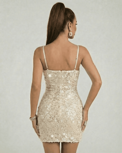 Aurelia Sequin Dress by Lauven - Back view of mini bodycon silhouette with champagne sequins.