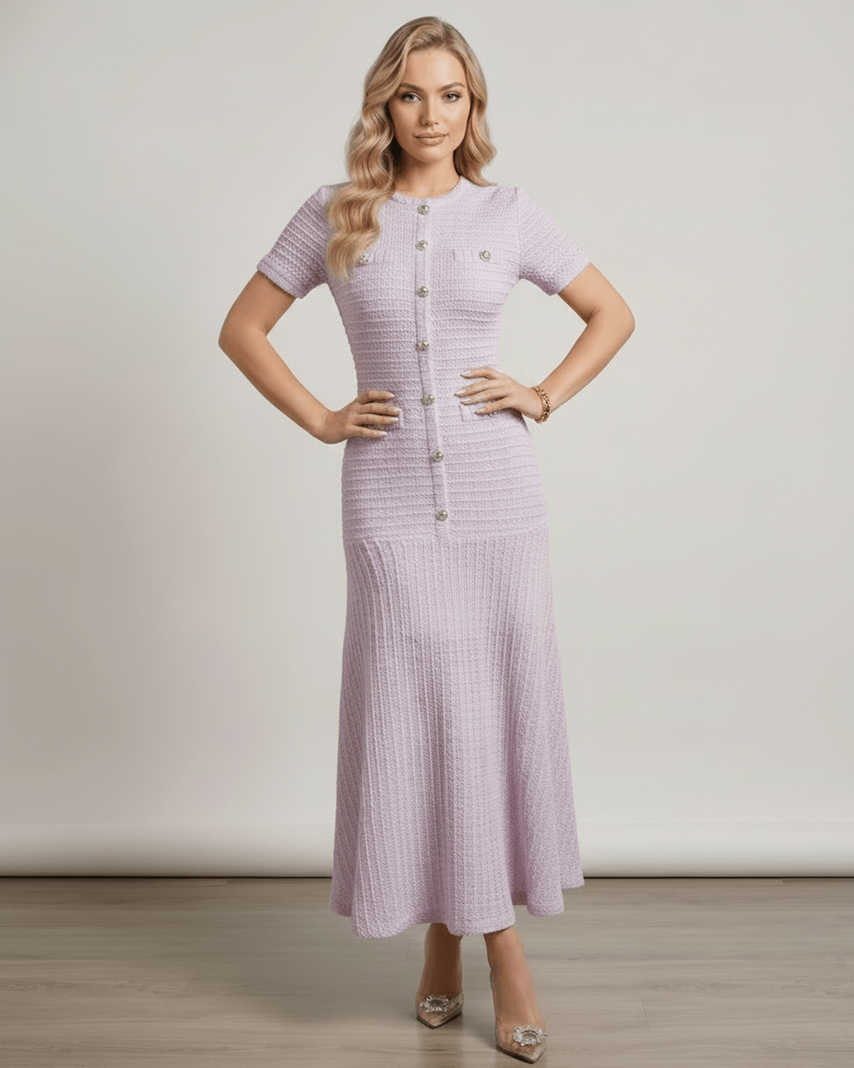 Aureline Maxi Dress by Lauven, featuring textured knit, round neck, and elegantly flared hem for modern style.