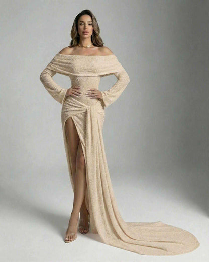 Aurevia Maxi Dress by Lauven - Champagne off-the-shoulder slit maxi dress with long flare sleeves.