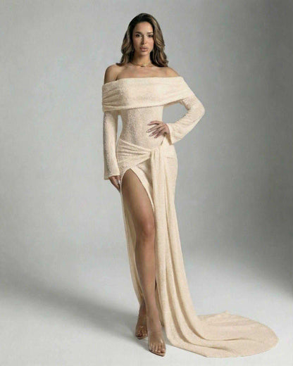 Aurevia Maxi Dress by Lauven - Champagne Off-The-Shoulder Slit Maxi Dress with Long Flare Sleeves.