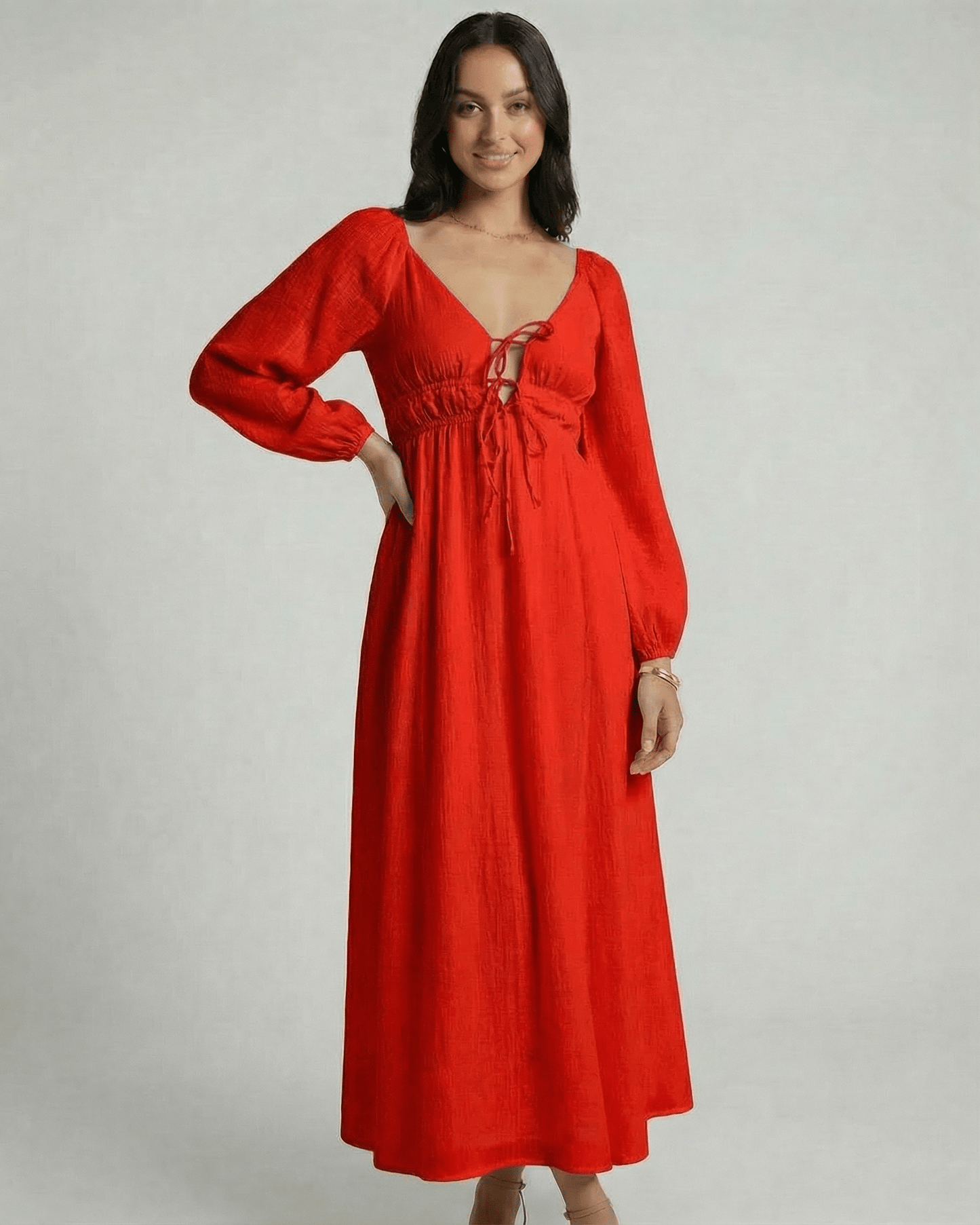 Aurevia Maxi Dress by Lauven, red V-neck ankle-length dress with flowing silhouette and gathered bodice design.