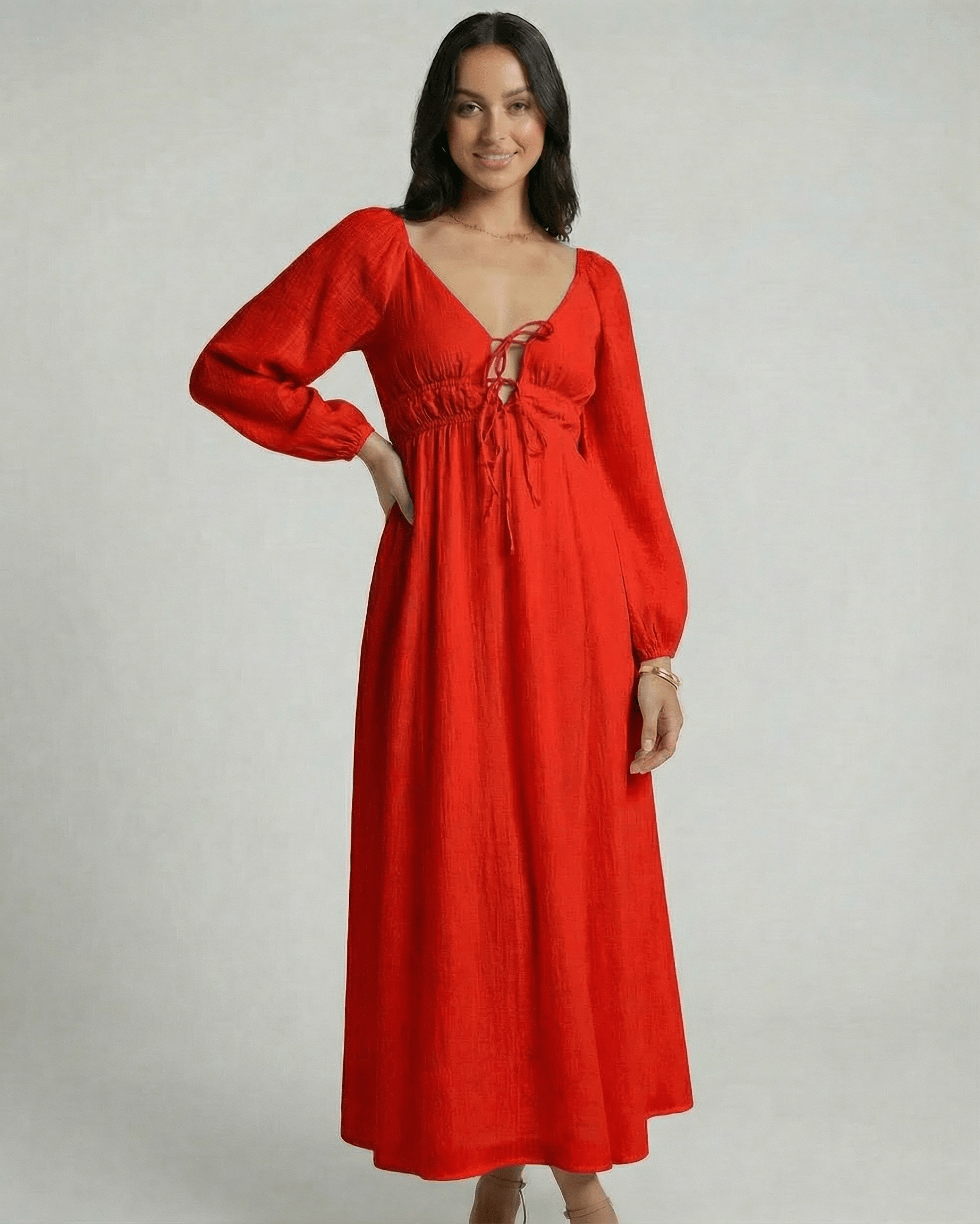 Aurevia Maxi Dress by Lauven, red V-neck ankle-length dress with flowing silhouette and gathered bodice design.