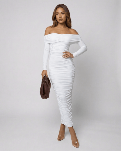 Auriel Midi Dress by Lauven - Elegant off-the-shoulder white dress with ruched detailing for sophisticated occasions.