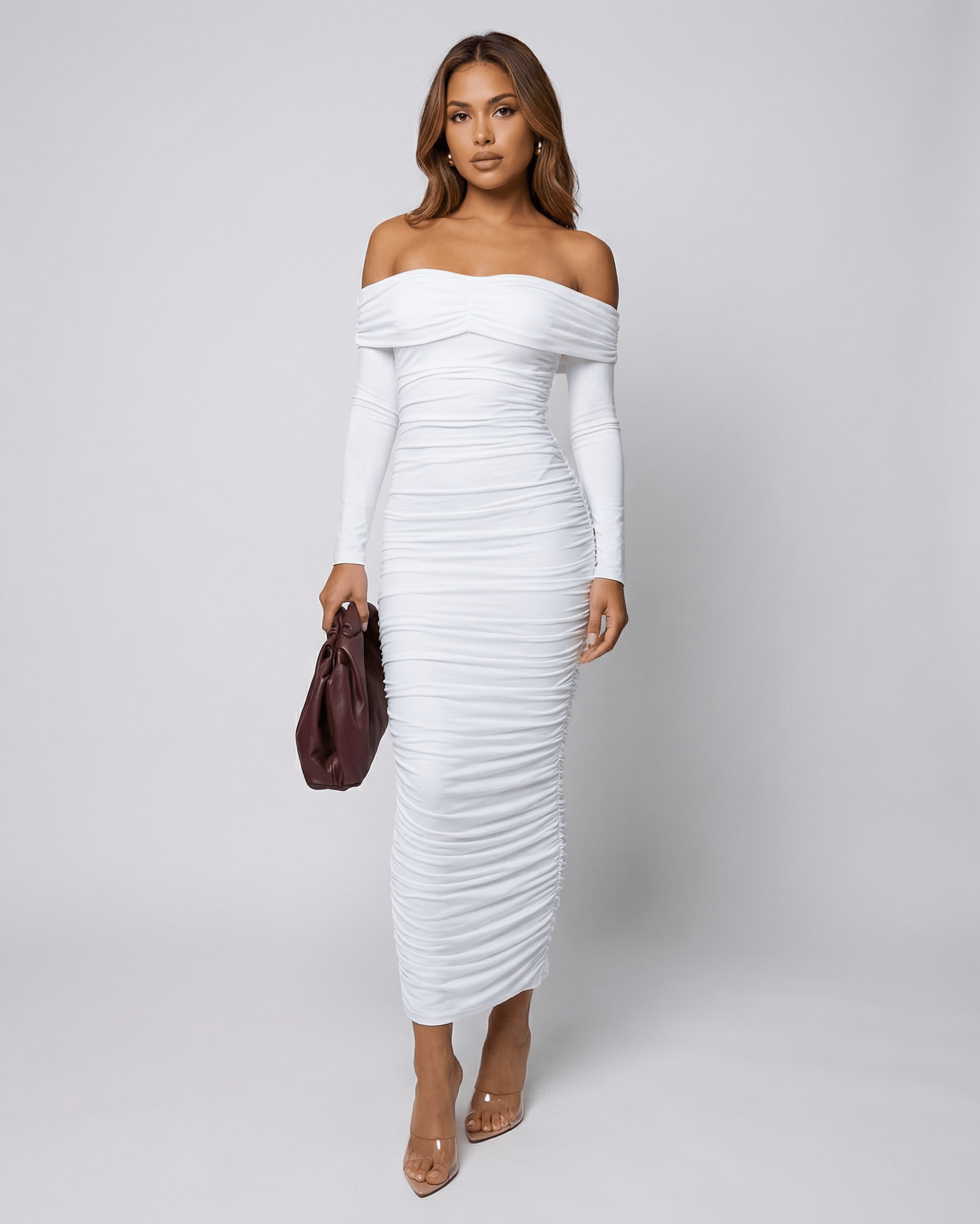 Auriel Midi Dress by Lauven, off-the-shoulder ruched white midi dress, showcasing elegant sophistication.