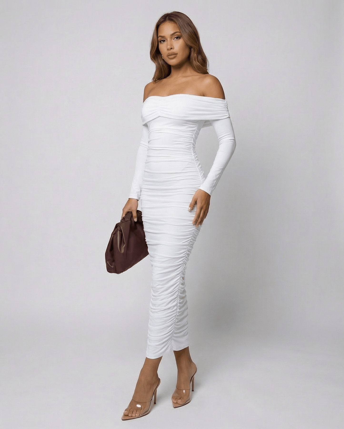 Auriel Midi Dress by Lauven, featuring an off-the-shoulder silhouette and ruched details in white fabric.