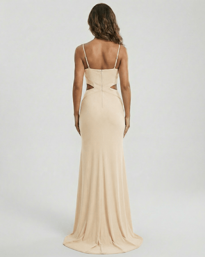 Aurielle Maxi Dress by Lauven, champagne strapless dress with back cutouts and spaghetti straps.