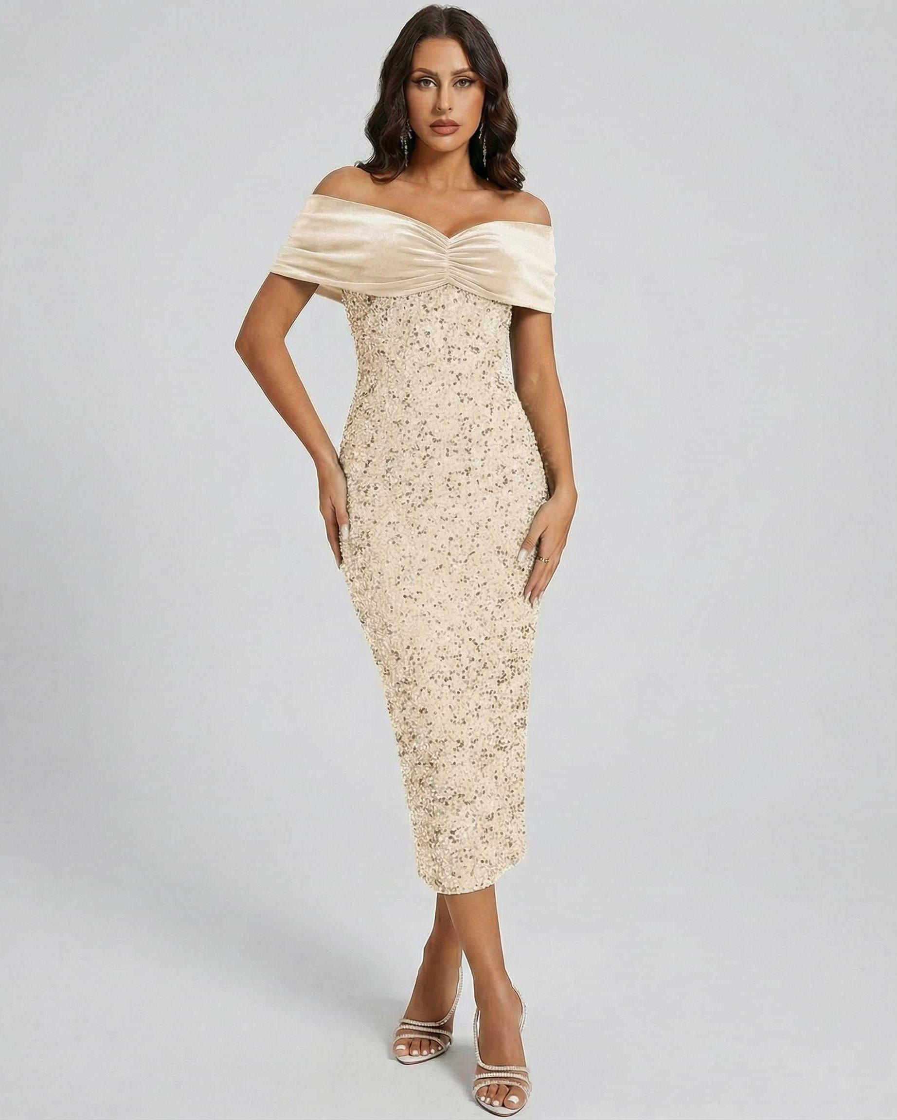 Aurielle Midi Dress by Lauven in champagne, off shoulder with sequin embellishments for an elegant silhouette.