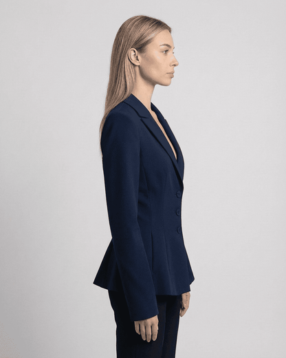 Aurora Blazer by Lauven, fitted waist, V-neck tailored silhouette in navy showcasing structured profile.