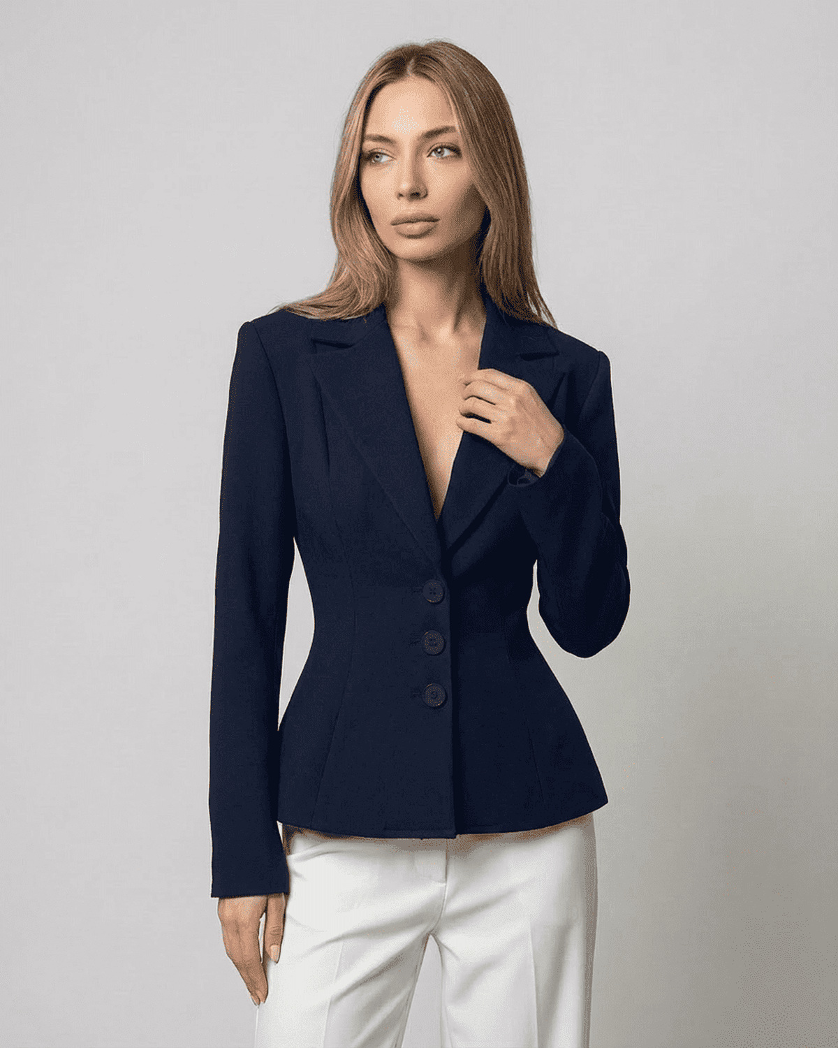 Aurora Blazer by Lauven featuring a fitted waist and V-neck tailored silhouette in navy.