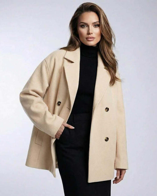 Aurora Jacket by Lauven – Women's beige oversized double breasted jacket, perfect for workwear and modern styling.