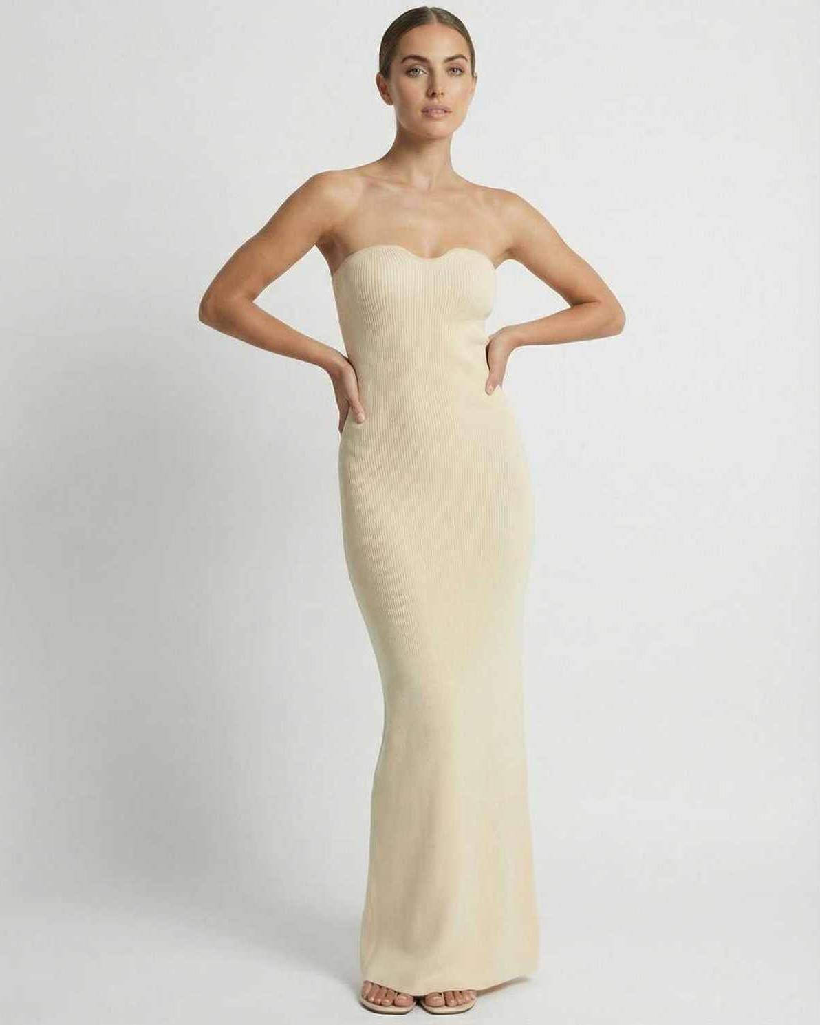 Aurora Maxi Dress by Lauven - Strapless slim fit ankle-length dress showcasing sleek elegance in a soft blend of fabrics.