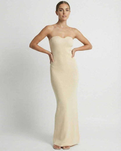 Aurora Maxi Dress by Lauven - Strapless slim fit ankle-length dress showcasing sleek elegance in a soft blend of fabrics.