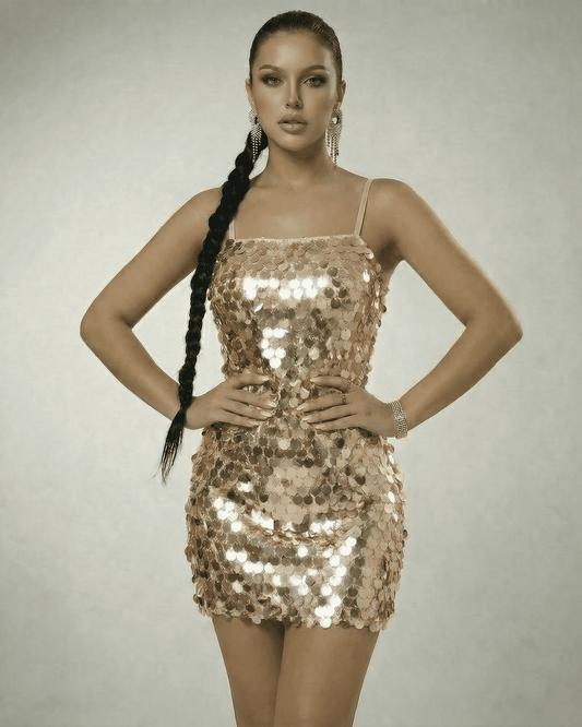 Aurora Mini Dress by Lauven - Champagne sequin mini dress with a sleek sleeveless silhouette.