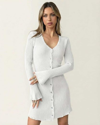 Aurora Mini Dress by Lauven, a refined ribbed bodycon mini dress in white with flare sleeves and button-front closures.