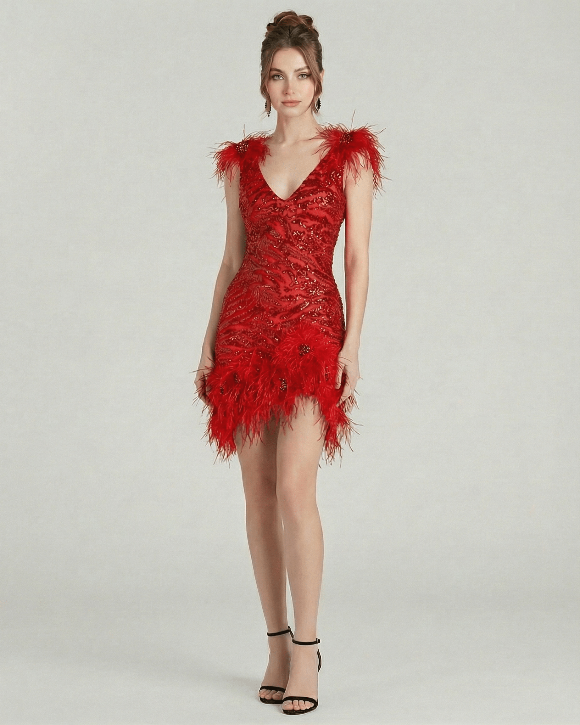 Aurora Mini Dress by Lauven featuring feathered accents and sequin embellishments in vibrant red.