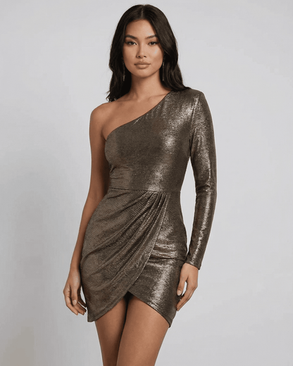Aurora Mini Dress by Lauven - One-Shoulder Ruched Mini Dress with Metallic Finish