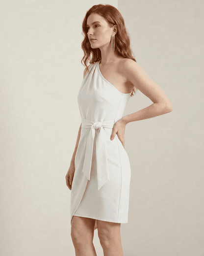 Aurora Mini Dress by Lauven, one-shoulder satin bodycon in crisp white with asymmetrical hem.