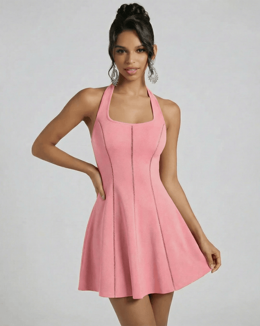 Aurora Mini Dress by Lauven, featuring a flared silhouette and U-neck halter design in a solid pink tone.