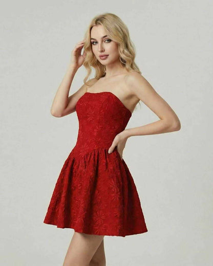 Aurora Mini Dress by Lauven, strapless red floral jacquard dress with high waist skirt, perfect for elegant occasions.