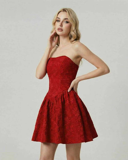 Lauven Aurora Mini Dress in red floral jacquard, showcasing strapless neckline and flared high waist skirt.