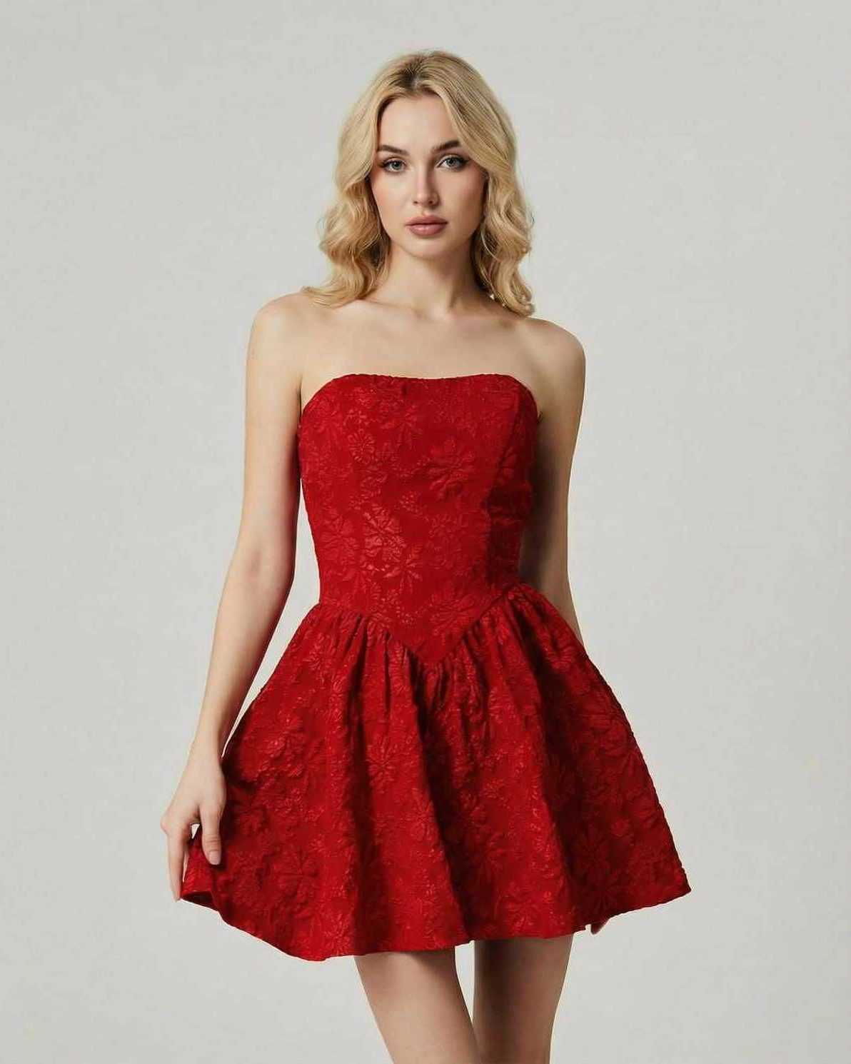 Lauven Aurora Mini Dress in red floral jacquard with high waist and strapless neckline.