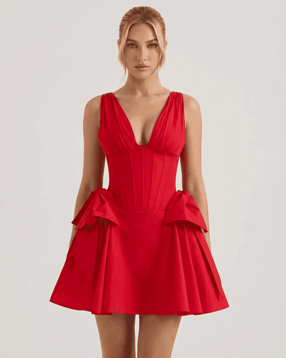 Aurora Mini Dress by Lauven, V-neck red corset puff party dress with playful skirt and structured bodice.