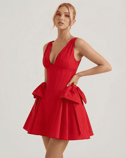 Aurora Mini Dress by Lauven - V-neck red corset party mini dress with pouf skirt, stylish and elegant.