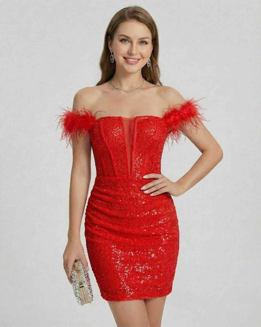 Aurora Mini Dress by Lauven in vibrant red with feathered off-shoulder detail and sequins.