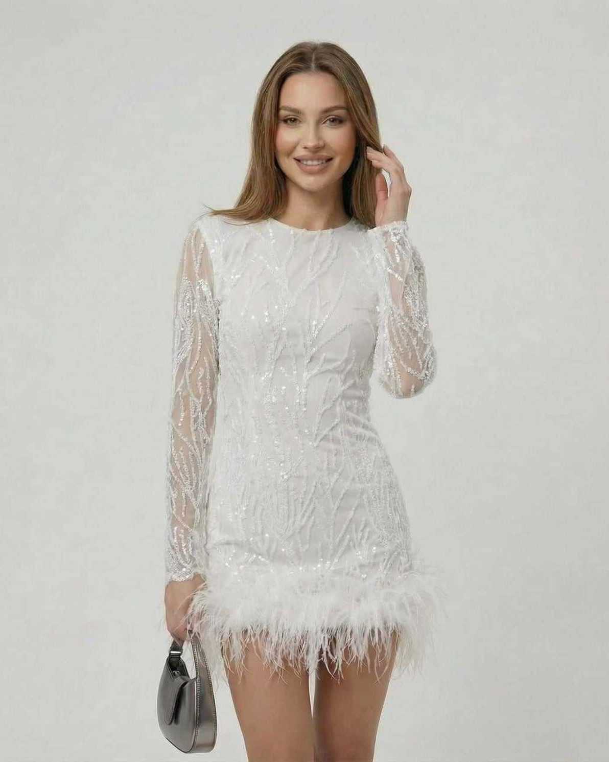 Aurora Mini Dress by Lauven featuring white sequin embellishments and feather trim for elegant evening style.