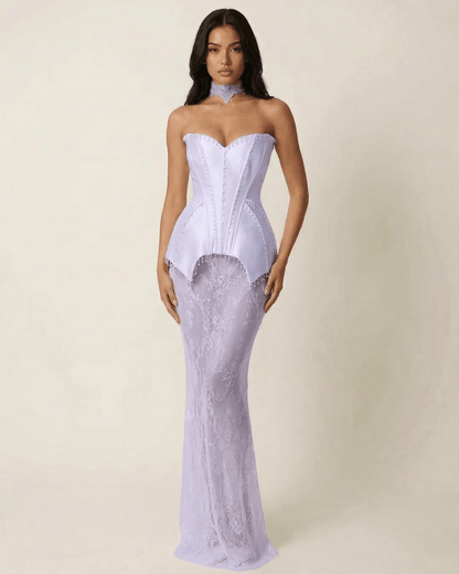 Aveline Maxi Dress by Lauven features a strapless lace patchwork design in soft lavender with a sculpted corset bodice.