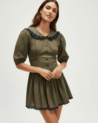 Aveline Mini Dress by Lauven, featuring a Peter Pan collar and puff sleeves in olive green and navy accents.