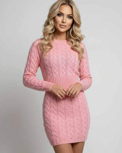 Azalea Mini Dress by Lauven, soft pink twisted knit sweater dress with long sleeves and flattering sheath silhouette.