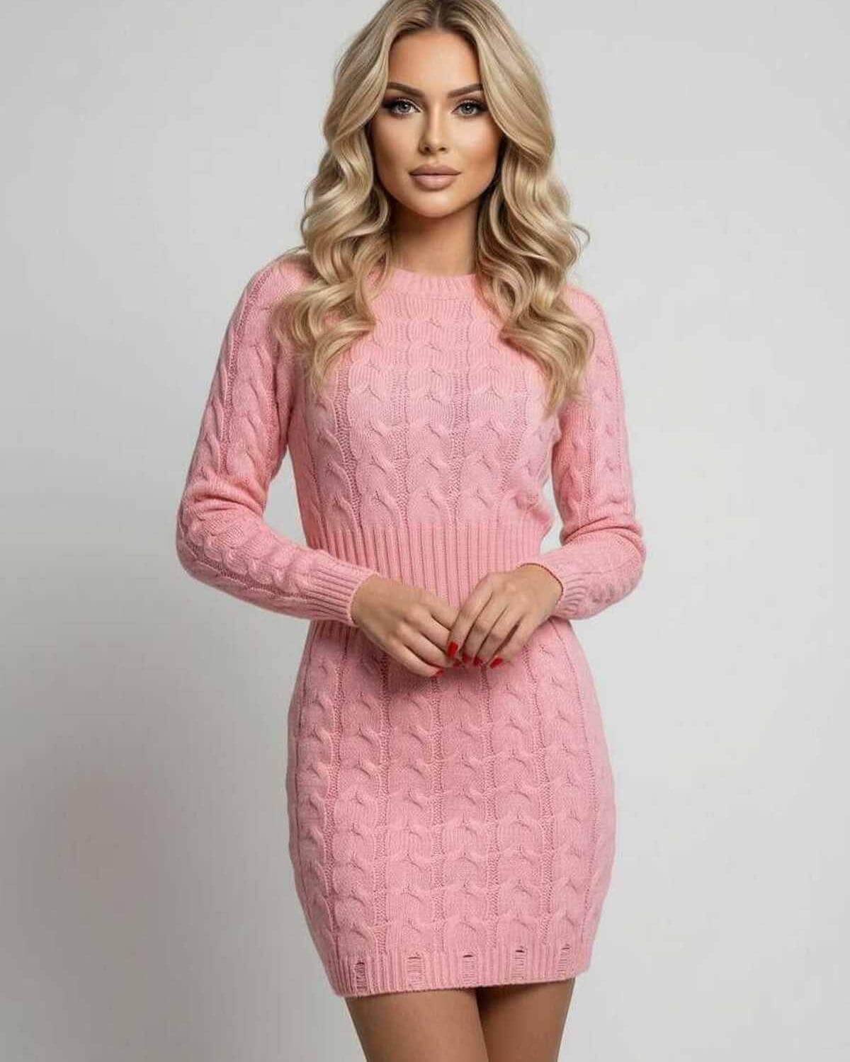 Azalea Mini Dress by Lauven - Soft pink twisted knit sweater dress with long sleeves and flattering silhouette.