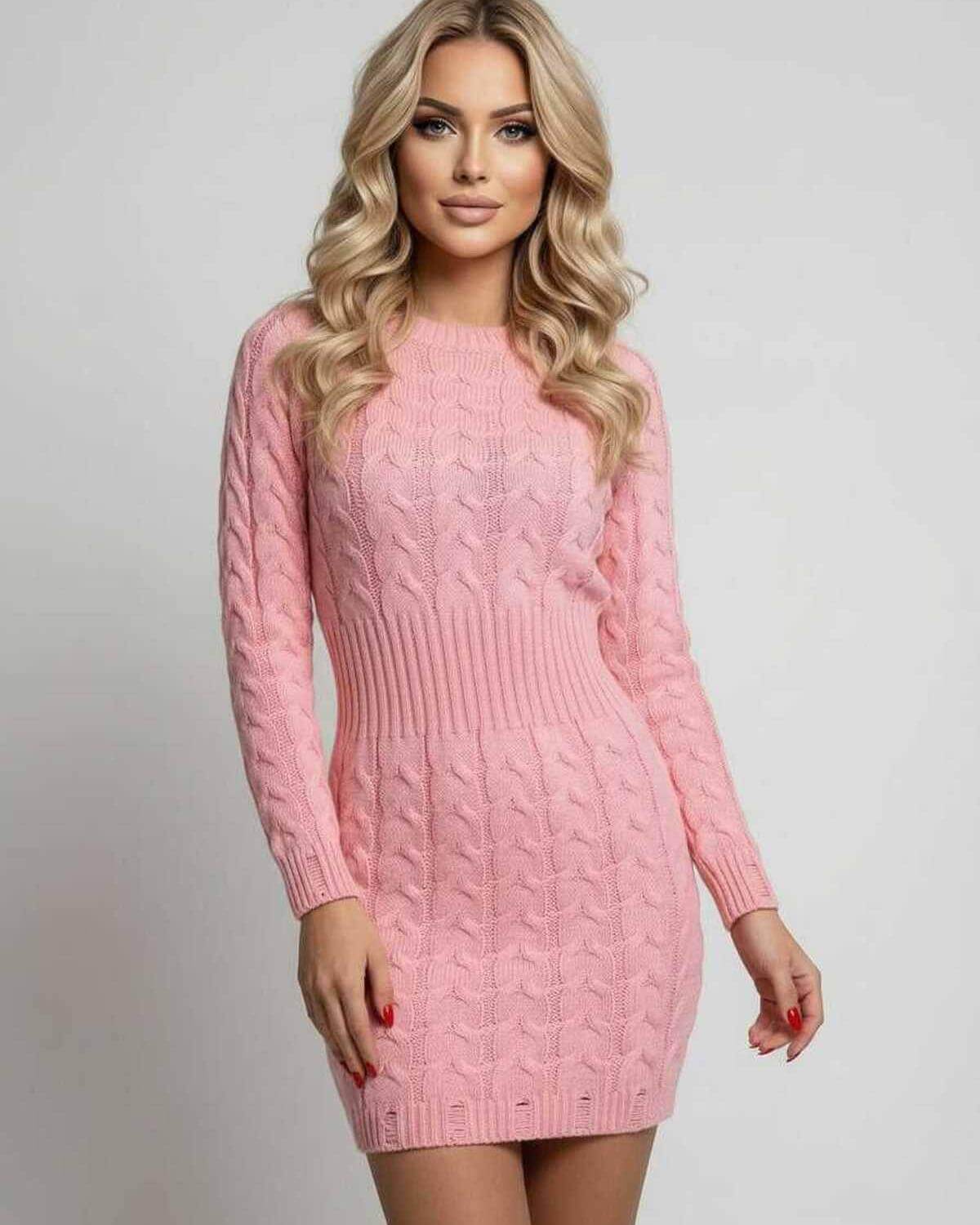 Azalea Mini Dress by Lauven - Soft pink twist waist sweater dress with long sleeves and elegant knit texture.