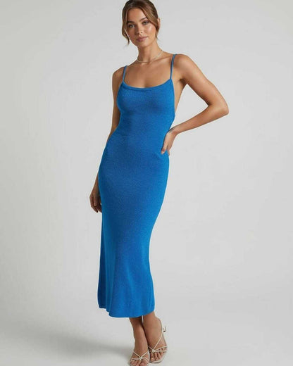 Azura Midi Dress by Lauven – Blue Spaghetti Strap Midi Dress with Slim Sheath Silhouette