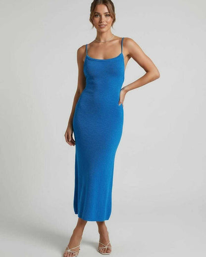 Azura Midi Dress by Lauven – Blue Spaghetti Strap Midi Dress with Slim Sheath Silhouette