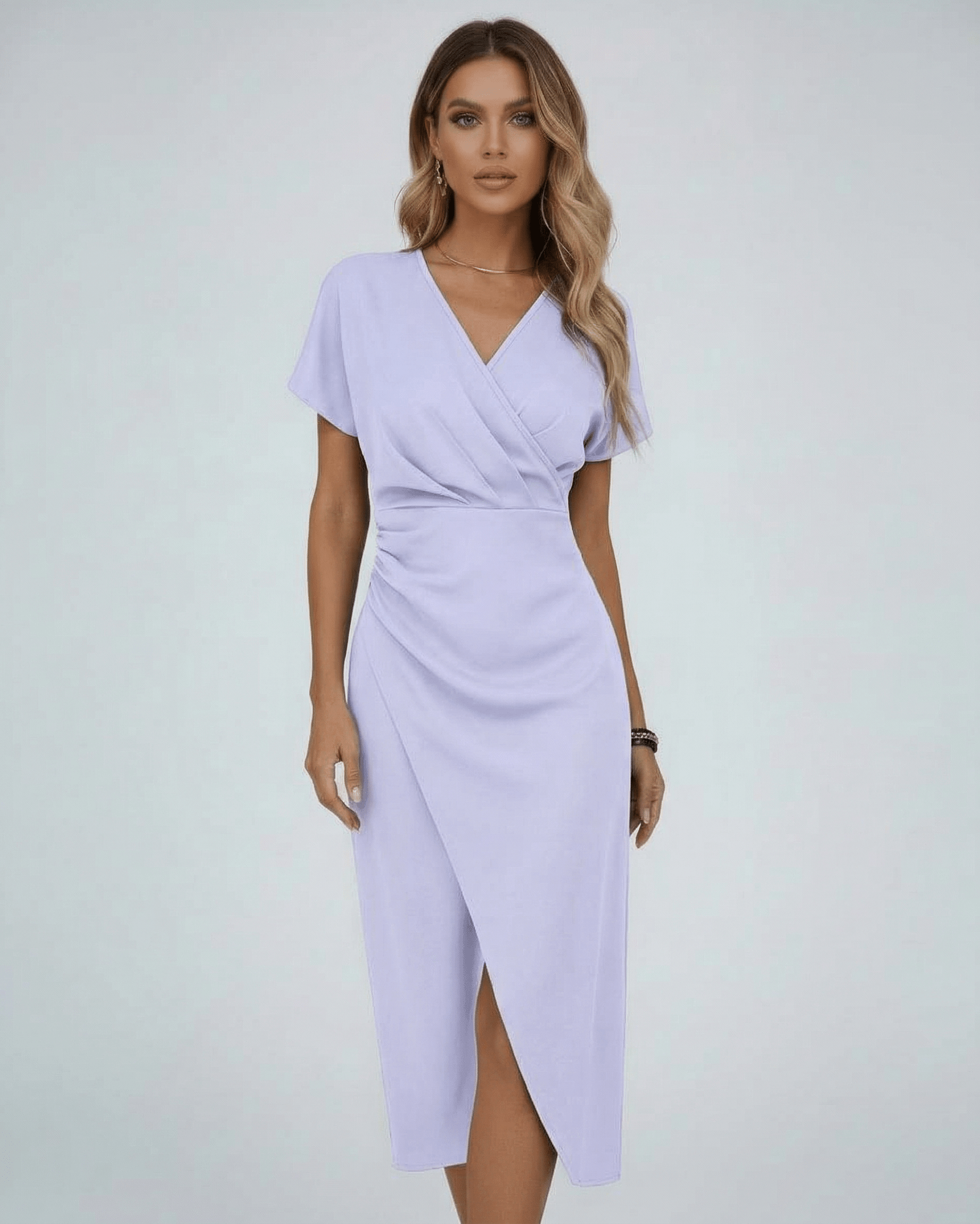 Azura Midi Dress by Lauven - Elegant lavender wrap dress with V-neck and short sleeves.