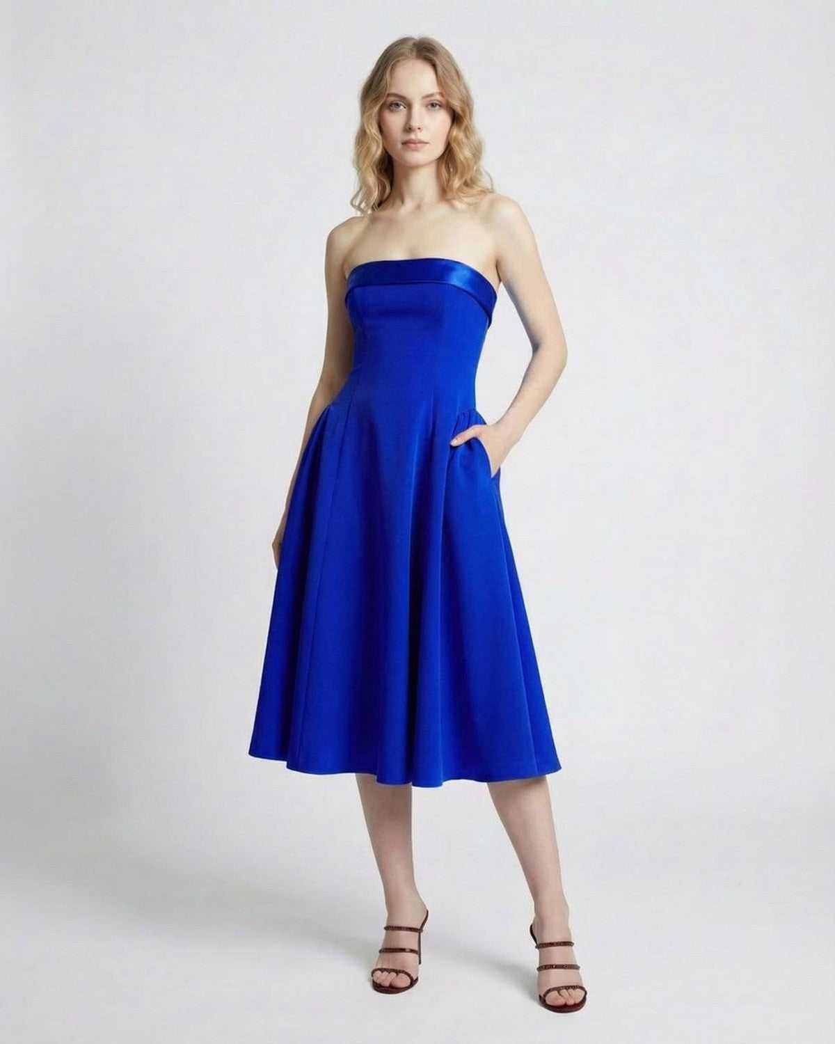 Azura Midi Dress by Lauven – Strapless high-waist midi dress in vibrant blue with pockets for elegant occasions.