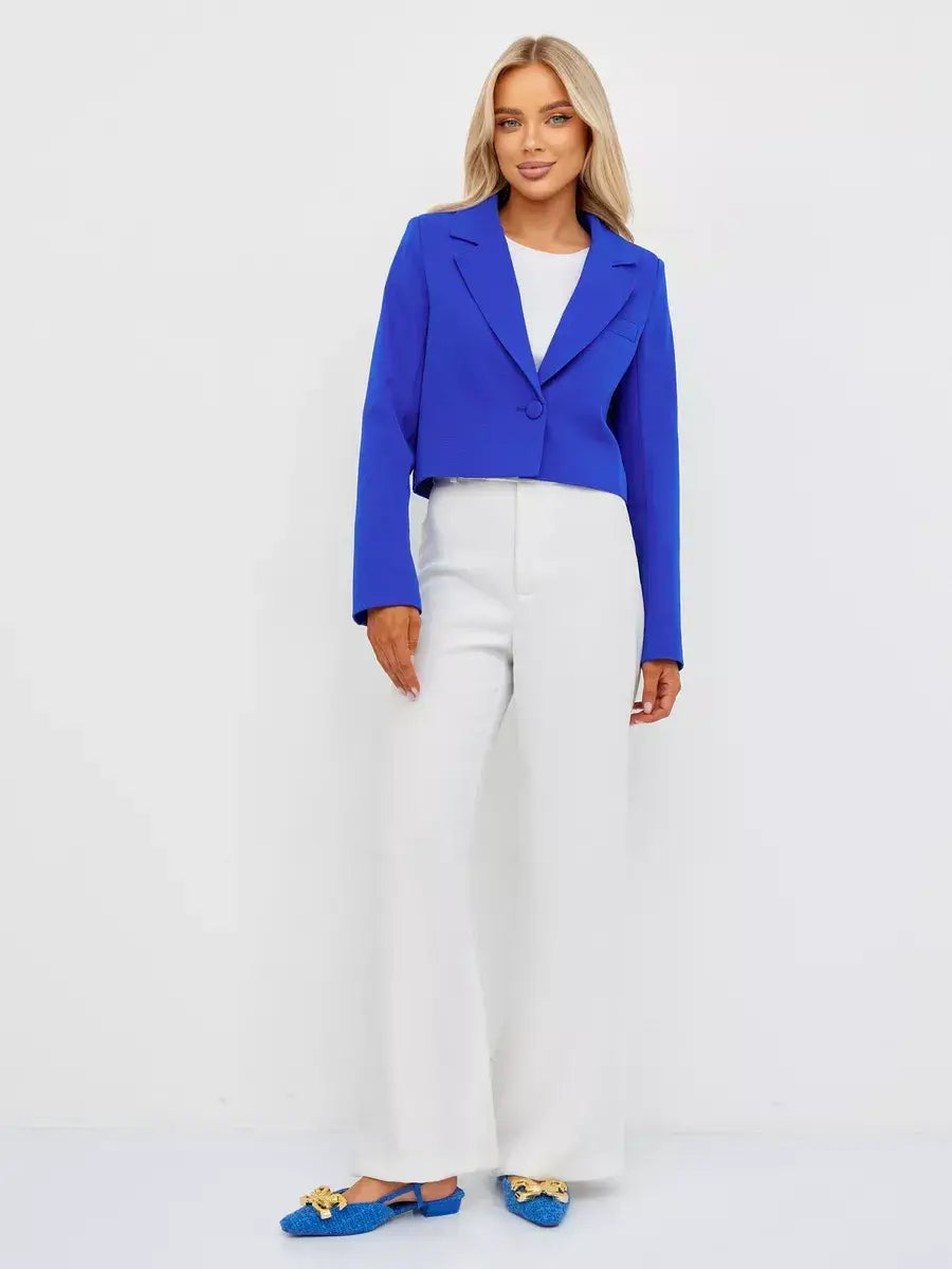 Azure Blazer by Lauven in electric blue, featuring a cropped silhouette and modern tailored design for women.
