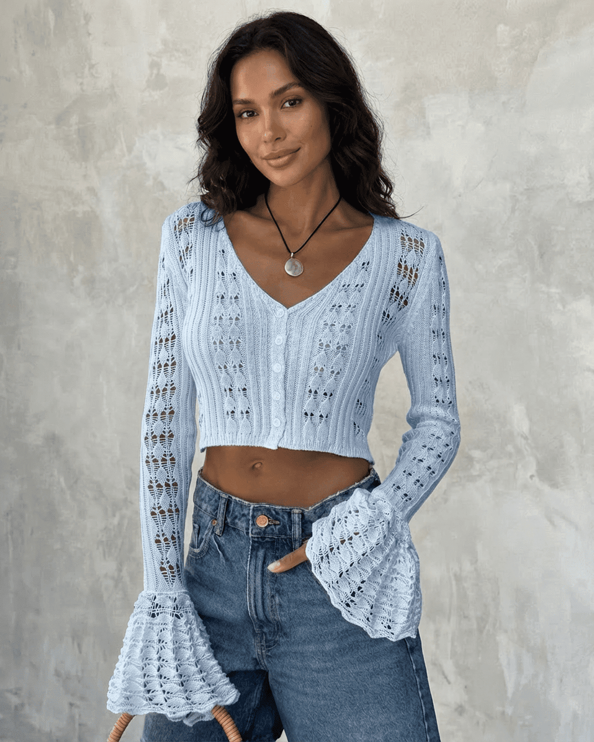 Azure Cardigan by Lauven - Cropped cotton knit with flare sleeves in light blue.