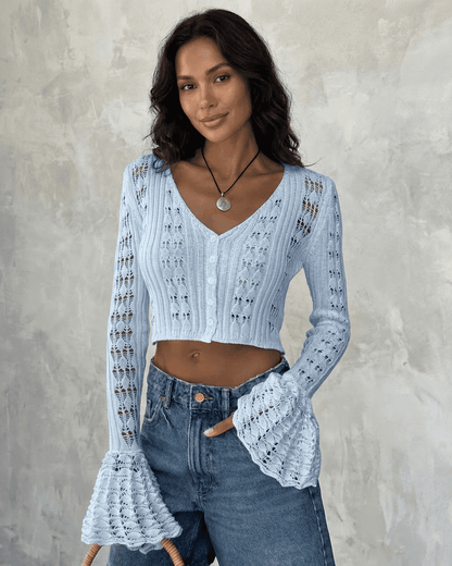 Azure Cardigan by Lauven - Cropped cotton knit with flare sleeves in light blue.