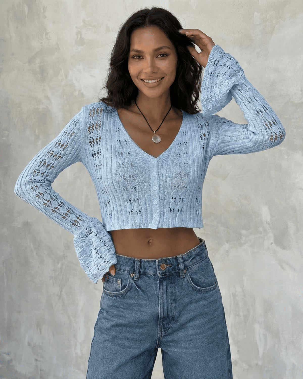 Azure Cardigan by Lauven - Cropped cotton knit with flare sleeves in soft blue, perfect for stylish everyday wear.