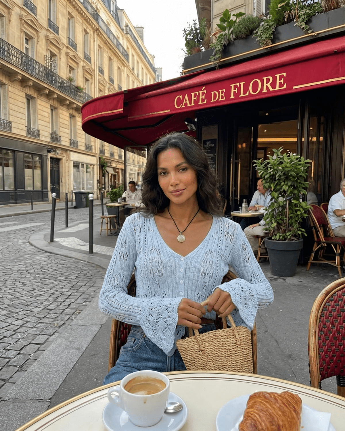 A woman in a light blue Azure Cardigan with flare sleeves, seated at Café de Flore, enjoying a coffee.