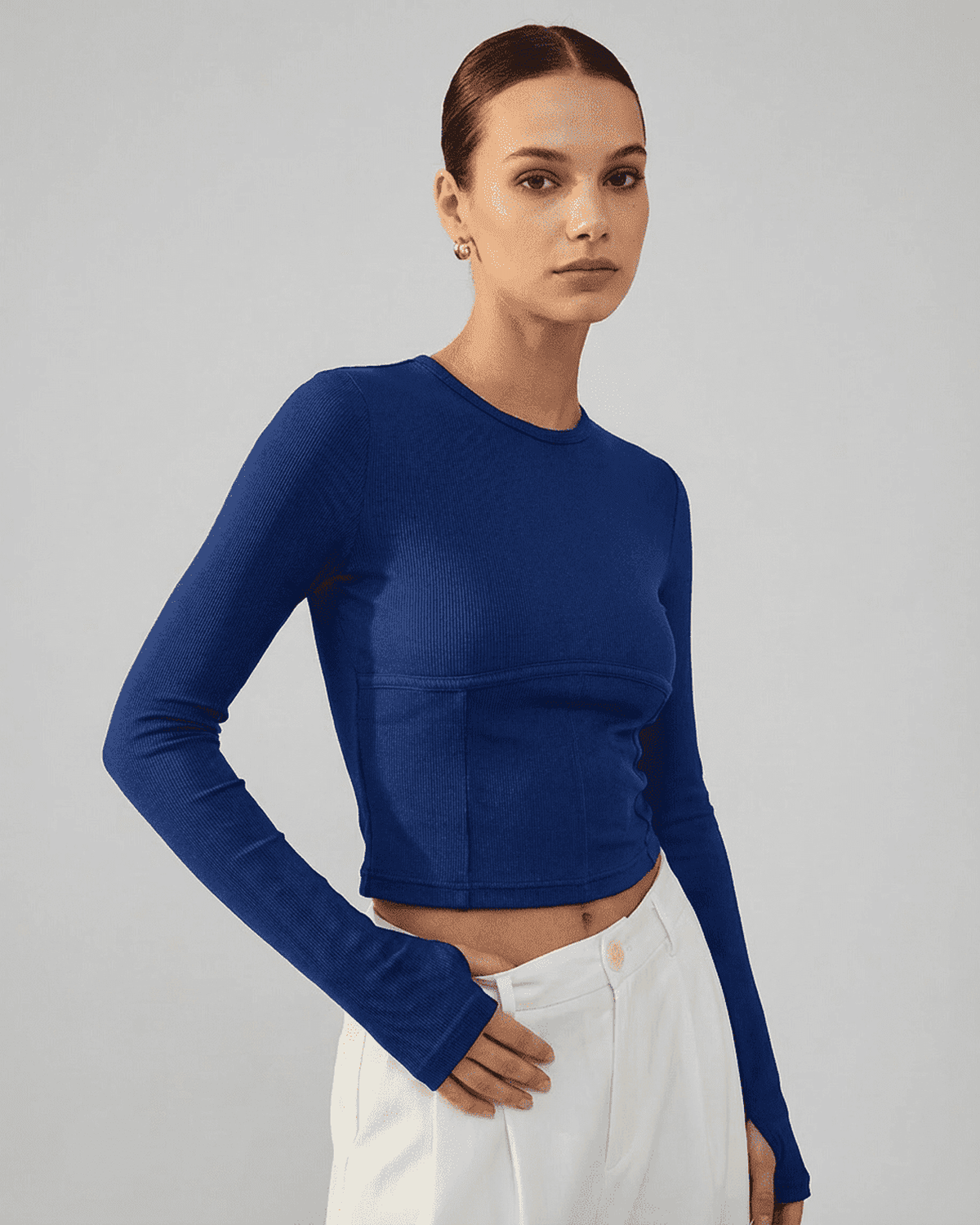Azure Corset Top by Lauven, long sleeve jersey crop top in blue, featuring clean structure and classic crew neckline.