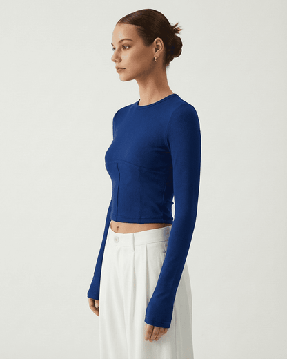 Azure Corset Top by Lauven - Long Sleeve Jersey Crop with Clean Structure in Blue