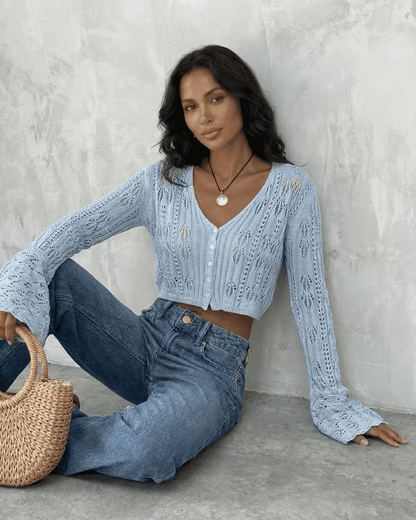 Azure Cardigan by Lauven, cropped cotton knit with flare sleeves in light blue.