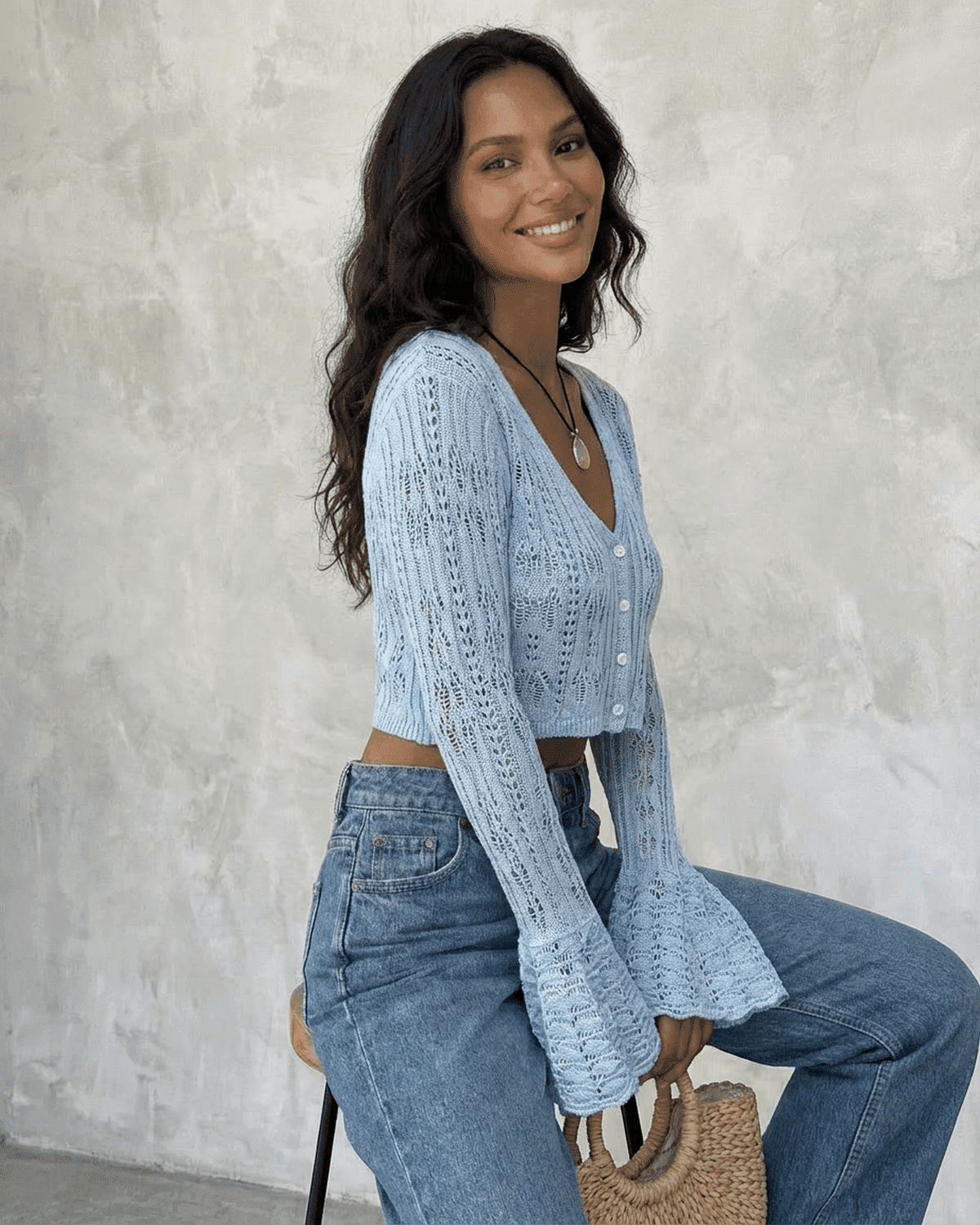 Azure Cardigan by Lauven, cropped cotton knit design with flare sleeves, perfect for everyday styling.